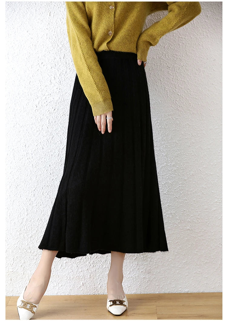 High-end 2022 Autumn/Winter New 100% Pure Wool Women's Thick Warm Elegant Pleated Skirt Fashion A Line Knitted Skirt 4 Colors