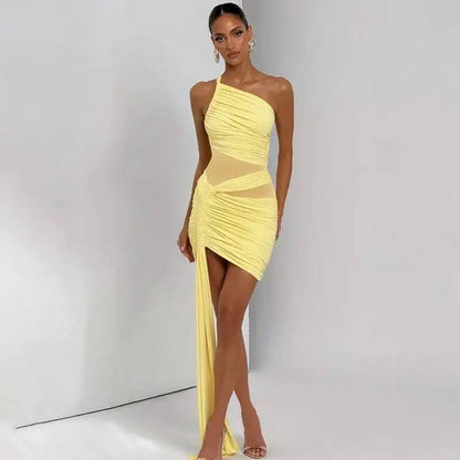 Avrilyaan Mesh Patchwork Backless Sexy Dress Women 2025 Nightclub Party Dress One-Shoulder Ruched Bodycon Mini Summer Dress