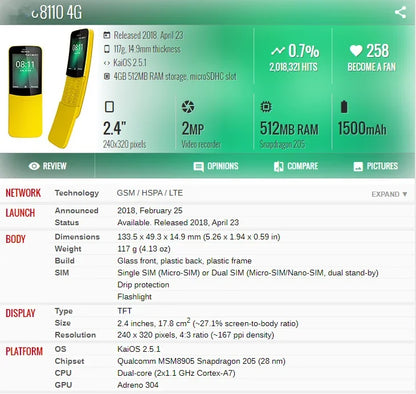 Original 8110 4G LTE Dual-SIM Mobile Cell Phone Banana Unlocked Sim Free WIFI GPS Slide KaiOS Smartphone