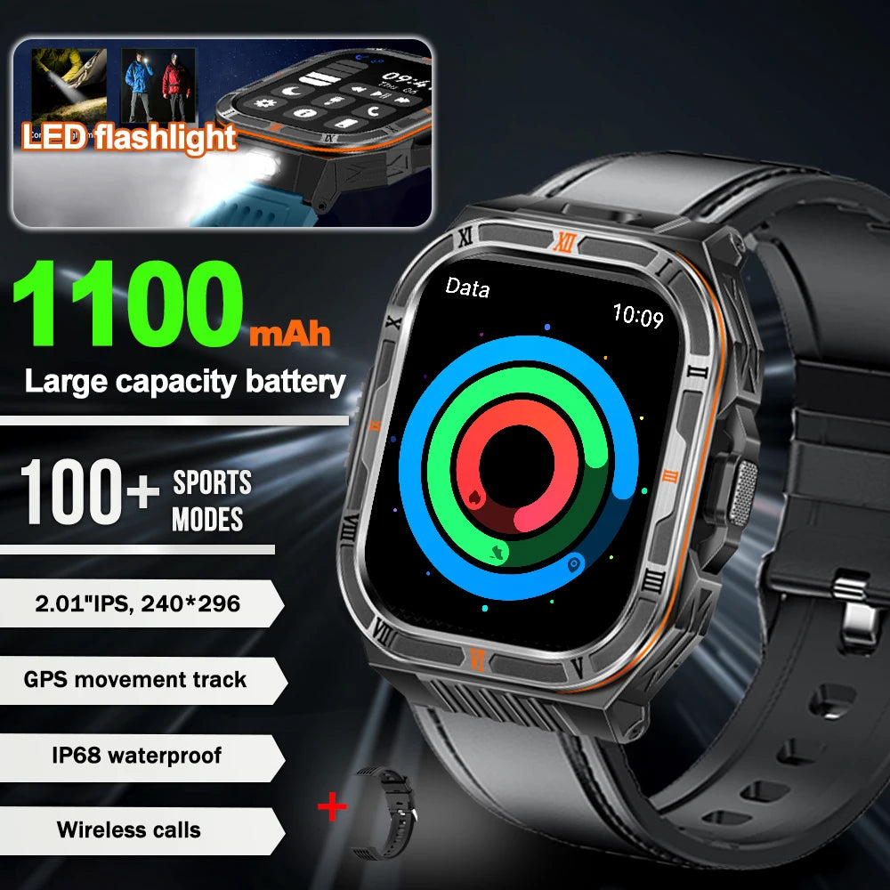 New 1100mAh Big Battery Smart Watch Men Outdoor Compass Bluetooth Call IP68 Waterproof Sports 2.01 Inch Flashlight Smart Watch