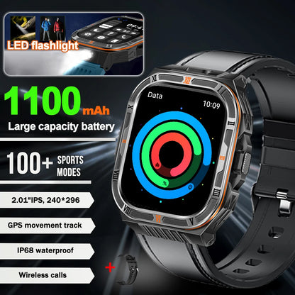 New 1100mAh Big Battery Smart Watch Men Outdoor Compass Bluetooth Call IP68 Waterproof Sports 2.01 Inch Flashlight Smart Watch