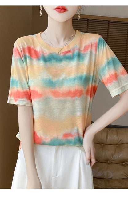Spring And Summer New Lyocell Short Sleeve Sweater Loose Thin Half Sleeve T-shirt Printed Top