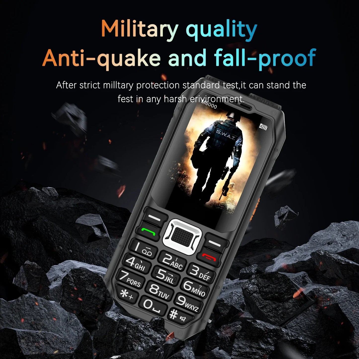 Rugged Outdoor Mobile Phone 4 Quad Sim Voice Changer Dual Torch Loudspeaker Large Button Powerbank Large Battery SOS Call Mobile
