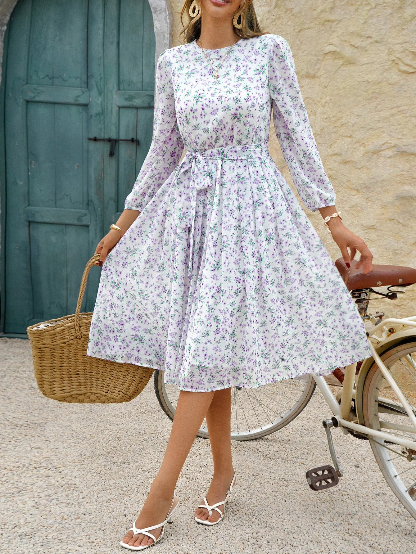 Print Dot Dress Women Casual Long Sleeve Round Neck Midi Dresses Lace Up Vocation Elegant Vestidos Summer 2025 Y2k Streetwear