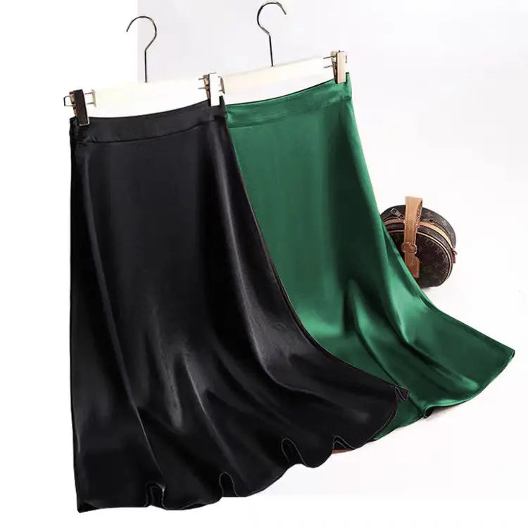 Fashion Oversized Women Clothing Satin Skirts Summer Temperament Solid Color High Waist A-line Skirt Female Simplicity Skirt