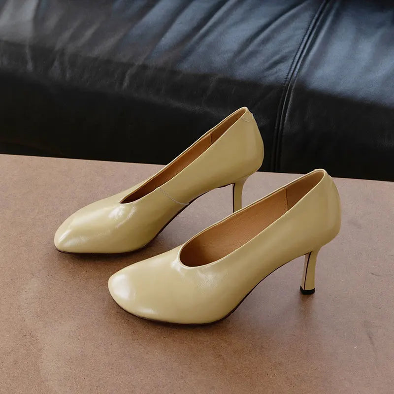 Woman Shoes Sexy Heeled For Retro Pumps French Style Leather Pumps Slip On European Spring High Heels Handmade Vintag Dress Pump