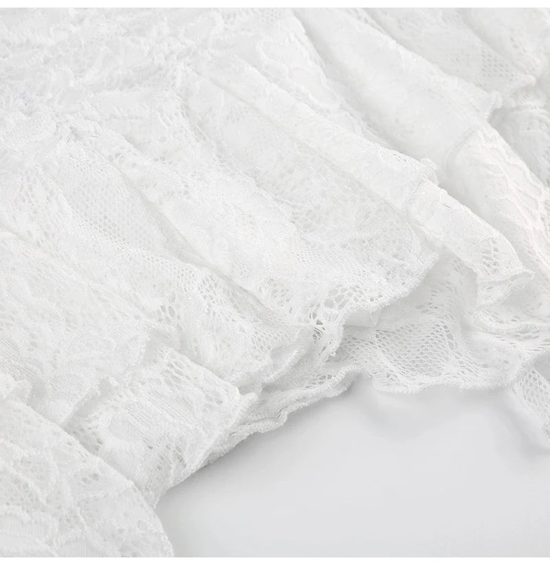 White Lace Halter Stage Performance Skirt Asymmetrical Midi Skirt Smart Dance Costume Korean Style Commute Polyester Fabric