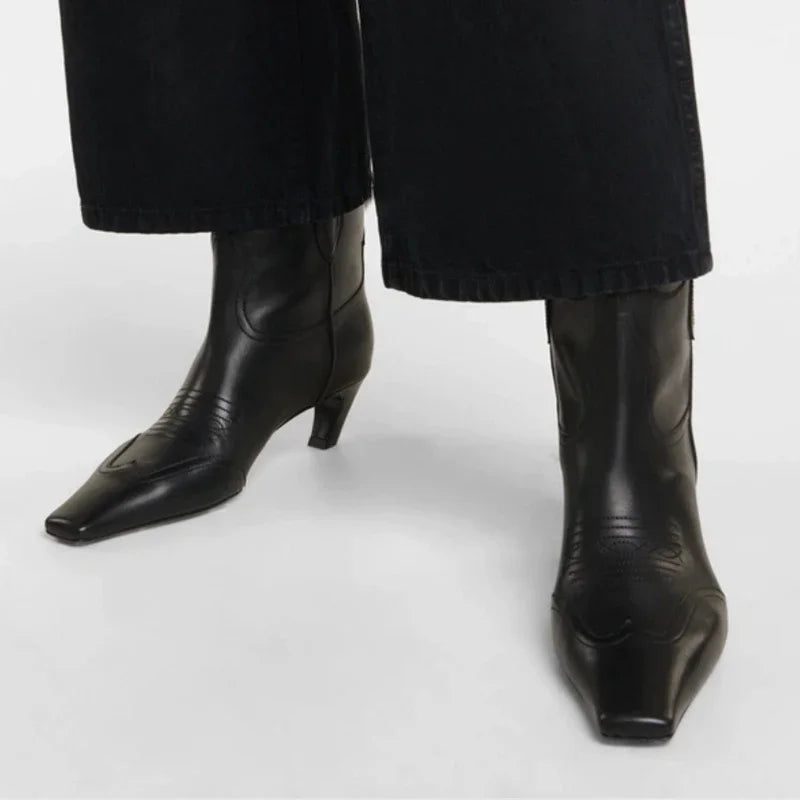 Embroidered Square Toe Cat Heel Western Cowboy Boots Woman Winter 2025 Slip-On Shaped Heel Slim Boots Fashion Shoes for Women