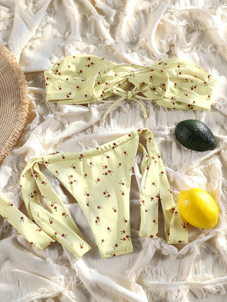 Printed Bikinis For Women Two Piece Suit Strapless Bathsuit Low Waist Swimsuit Sexy Bikinis Set Summer Swimwear 2025 Biquini