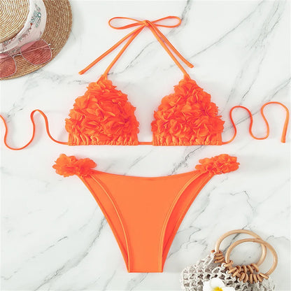 3D Flowers Bikini Top Set Halter String Extreme Backless Y2K Swimsuit Push Up Vacation Outfits Women Swimwear Beach Bathing Suit