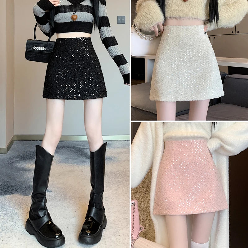 Fashion Y2K Streetwear Winter Mini Skirt Women Glitter Sequin Bodycon Tweed Skirts With Shorts A-Line Pink White Black Faldas