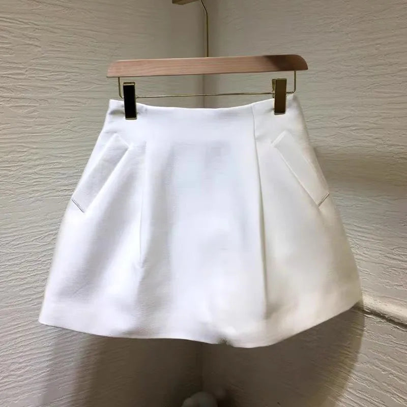 Lucyever Black White High Wiast Puffy Short Skirts Women All-Match Y2K Pocket A-Line Skirt Female Korean Work Style Suit Skirt