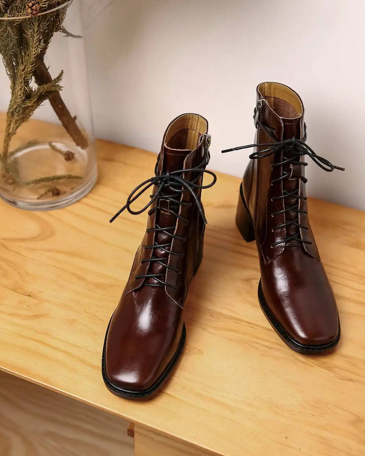 Krazing Pot 2025 Hot Sale Genuine Leather Square Toe Chelsea Boots High Heels Winter Season Lace Up Superstar Ins Ankle Boots