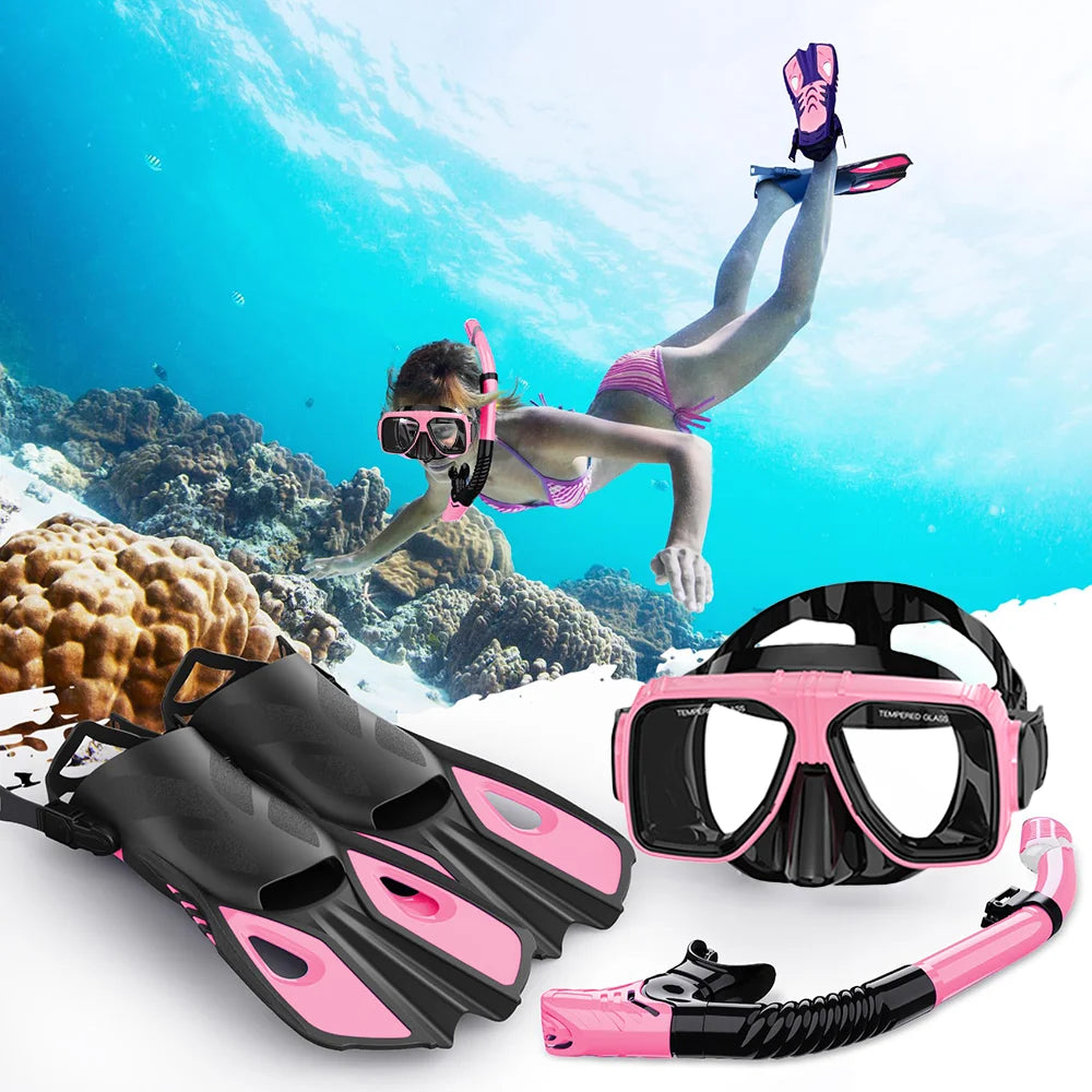 Diving Mask Fin Snorkel Set for Adult Panoramic View Snorkel Mask Adjustable Dive Flipper Dry Top Snorkel and Travel Bag