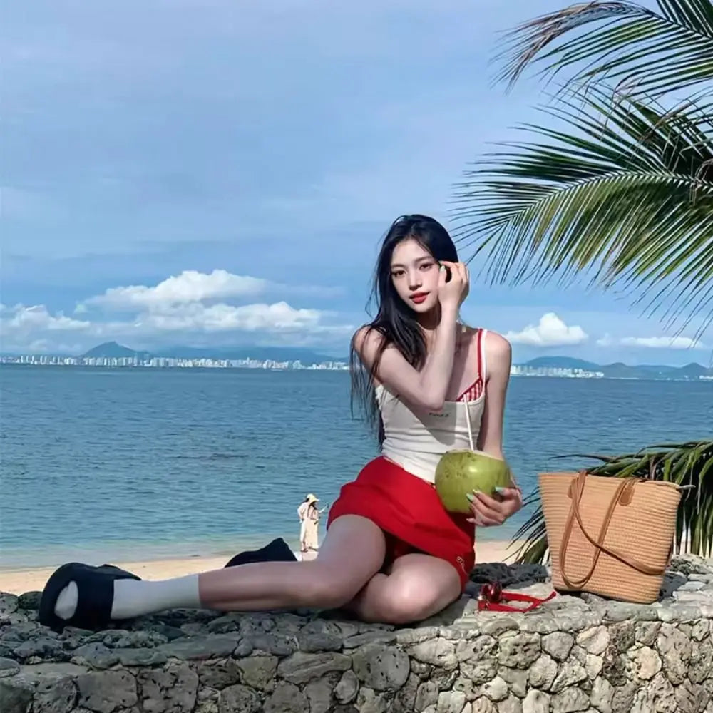 Beach Wear Sweet Swimsuits Two Piece V Hem Backless Floral Bikini Set Women Korean Style Sleeveless Flower Swimming Suit Summer