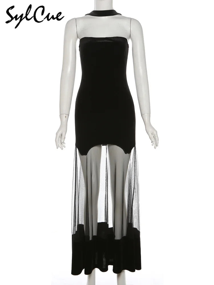 Sylcue Winter Party Black Mysterious Sexy Mature Beautiful Elegant Graceful Sweet Gentle Women'S Halter Tulle Stitching Dress