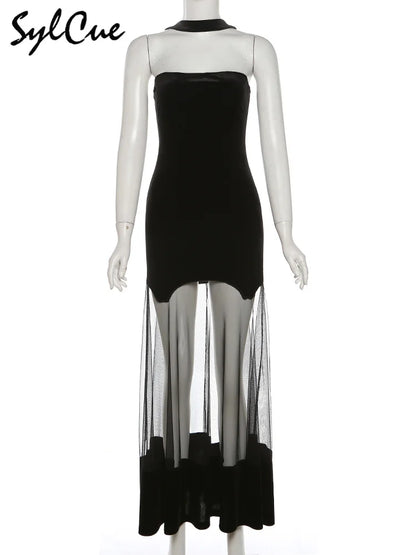 Sylcue Winter Party Black Mysterious Sexy Mature Beautiful Elegant Graceful Sweet Gentle Women'S Halter Tulle Stitching Dress