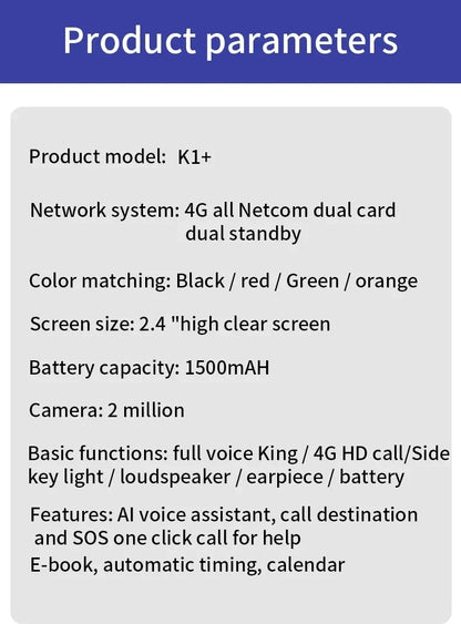 New Yeemi K1+ Mobile Phone 2.4inches GSM 2G Big Button Mp3/Mp4 Loud Voice Dual SIM Cards 4G Original Cellphone for Elderly
