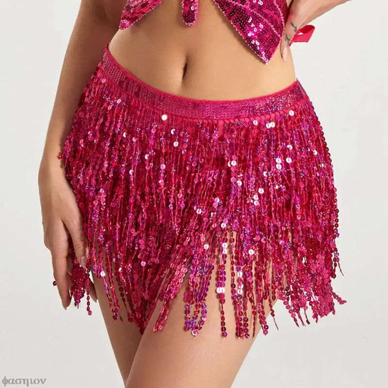 Sexy Women Belly Dance Hip Tutu Skirt Scarf Wrap Belt Glitter Sequins Tassel Hipscarf Skirt Sundress Costume Fringe Skirt Outfit