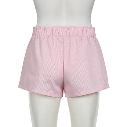 Striped Print Casual Shorts for Women Elastic Waist Fashion Button Bottoms Streetwear Chic Basic Y2K Loose Shorts