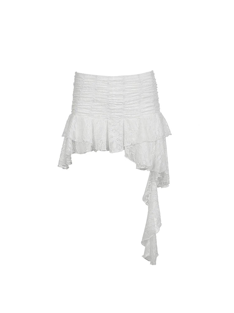 White Lace Halter Stage Performance Skirt Asymmetrical Midi Skirt Smart Dance Costume Korean Style Commute Polyester Fabric