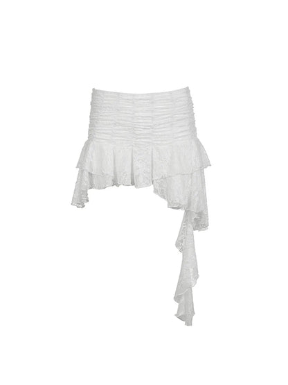 White Lace Halter Stage Performance Skirt Asymmetrical Midi Skirt Smart Dance Costume Korean Style Commute Polyester Fabric