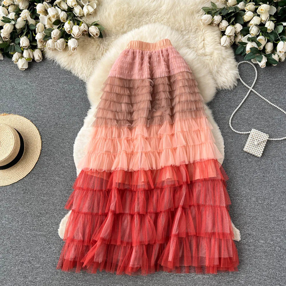 Voille Skirts Women Gradient Y2k High Waist Elastic Jupe Ladies Tulle Mujer Faldas Ruffles Long Female Mesh Skirt Dropshipping