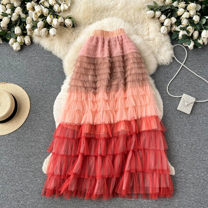 Voille Skirts Women Gradient Y2k High Waist Elastic Jupe Ladies Tulle Mujer Faldas Ruffles Long Female Mesh Skirt Dropshipping