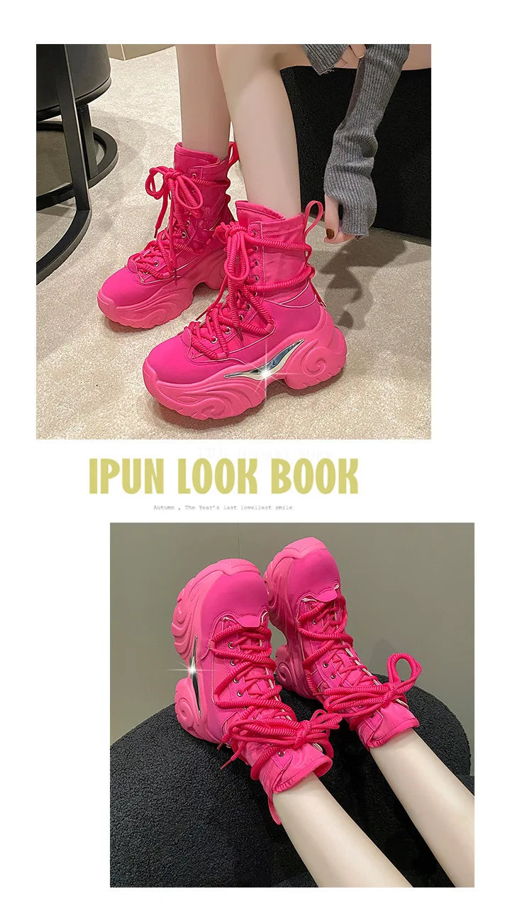 Women's Pink Boots Platform New in  Calf High Boot Woman Winter Girl's Ankle Bootie White Sneakers Trends 2023 Cross Strap Bling