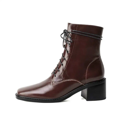Krazing Pot 2025 Hot Sale Genuine Leather Square Toe Chelsea Boots High Heels Winter Season Lace Up Superstar Ins Ankle Boots