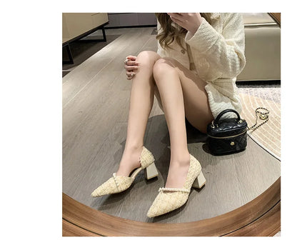 Woman Sexy High Heels New Elegant Wedding Dress Shoes Ladies Shallow Office Party Shoes Tweed Style Side Hollow Single Shoes