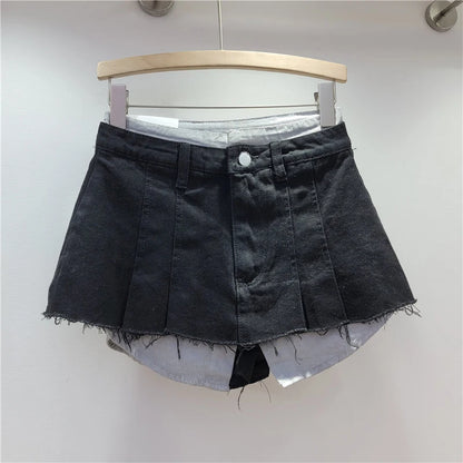 KBQ Temperament Slim Fit Denim Mini Slirts For Women High Waist Spliced Button Daily Casual Commute Skirt Female Fashion Style