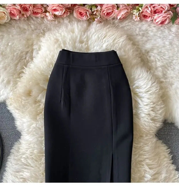 Faion High Waist  Color Midi Skirt Slimming Elastic Slit One Step OL Busin Bodycon Skirt Young Women Commute Sle