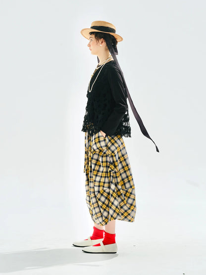 Yellow checkered skirt 2025 imakokoni original autumn Japanese color woven artistic pure cotton lantern skirt for women 255122