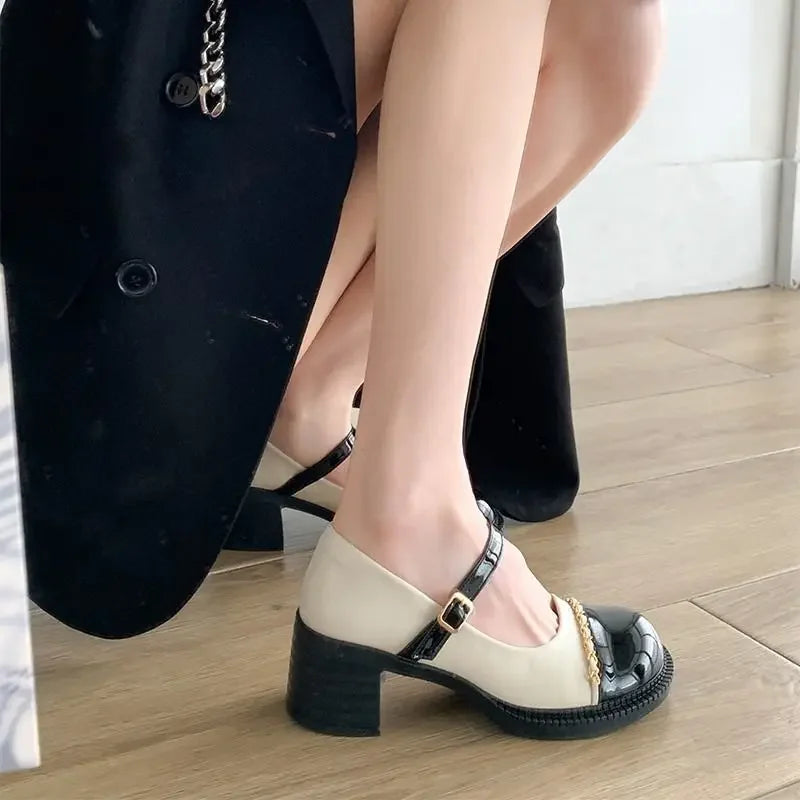 Women's Summer Footwear On Heeled Round Toe Shoes For Woman 2025 Gothic Mary Jane Pumps High Heels Luxury Leather Casual Black A