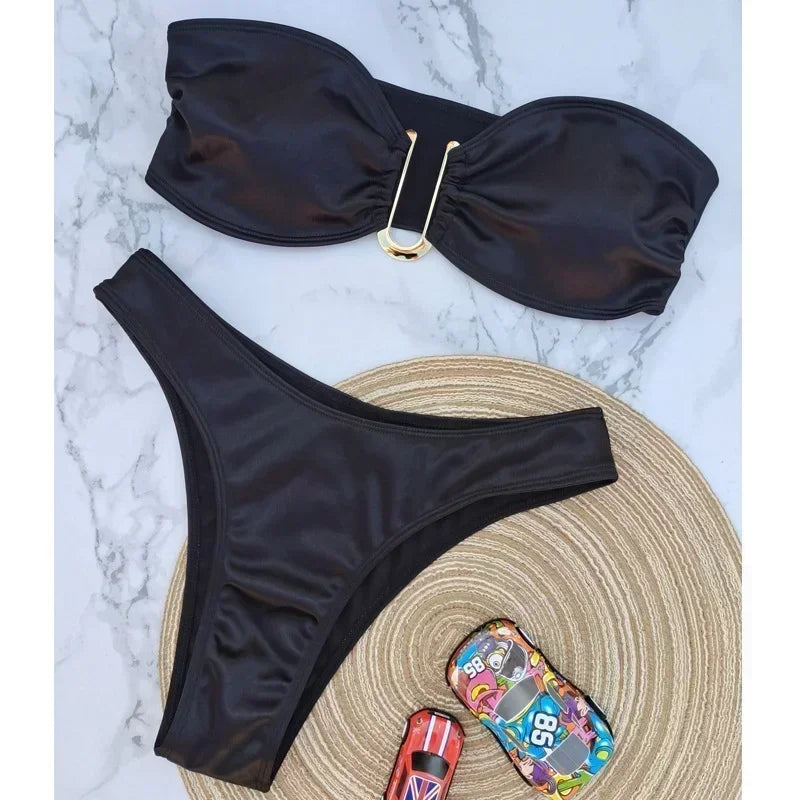High Waist Swimsuit Women Push Up Beachwear Sexy Bandeau Bathing Suit Maillot De Bain Femme Bikini Summer Swimwear Women