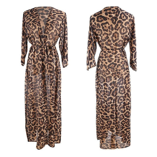 77HC Womens Long Bikinis Cover-ups Beach Dress Summer Sexy Robe Beachwear Leopard-printing Tunic Top Swimwear Cover-Ups Dress