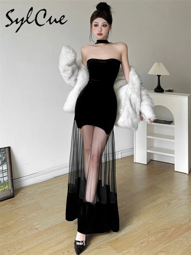 Sylcue Winter Party Black Mysterious Sexy Mature Beautiful Elegant Graceful Sweet Gentle Women'S Halter Tulle Stitching Dress