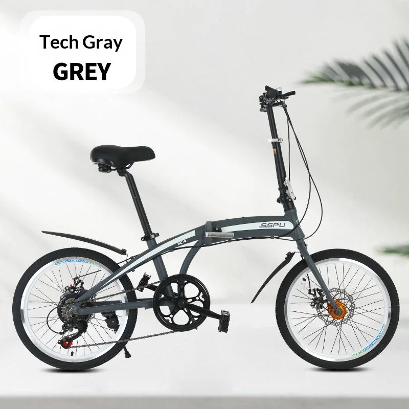 Folding Bike 20 Inch Aluminum Alloy Lightweight Commuter Bicycle 7 Speed Portable City Travel Ultralight Folding Bikes Grey