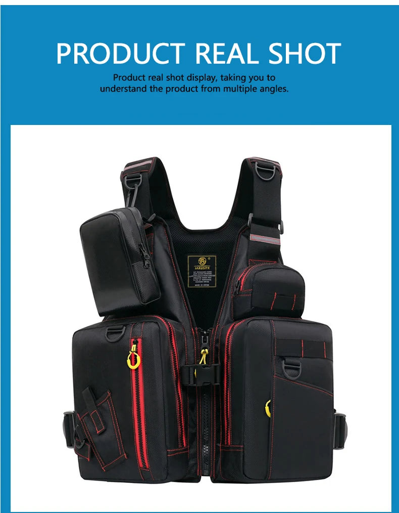 multi-functional life jacket vest for outdoor fishing, a must-have for safety. Multiple pockets for storage, buoyant materials