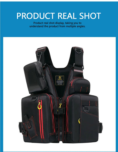 multi-functional life jacket vest for outdoor fishing, a must-have for safety. Multiple pockets for storage, buoyant materials