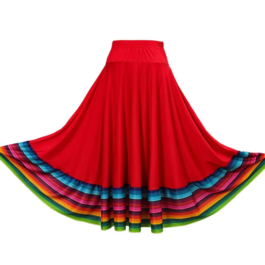 Midi Skirt Ladies Folk Dance Skirt Elastic High Waist Spanish Swing Skirt Rainbow Large Swing Hem Mexican Flamenco Dance Skirts