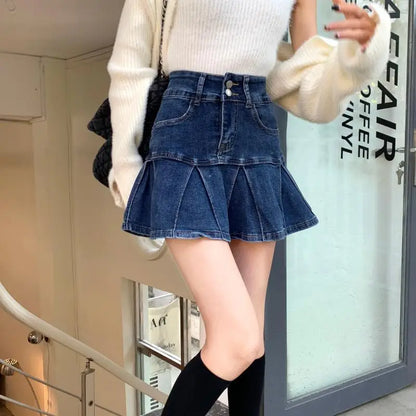 High-Waisted Denim Skirt Women's New Pleated Retro Blue Skinny A-line Flanged Wrap Hip Skirt