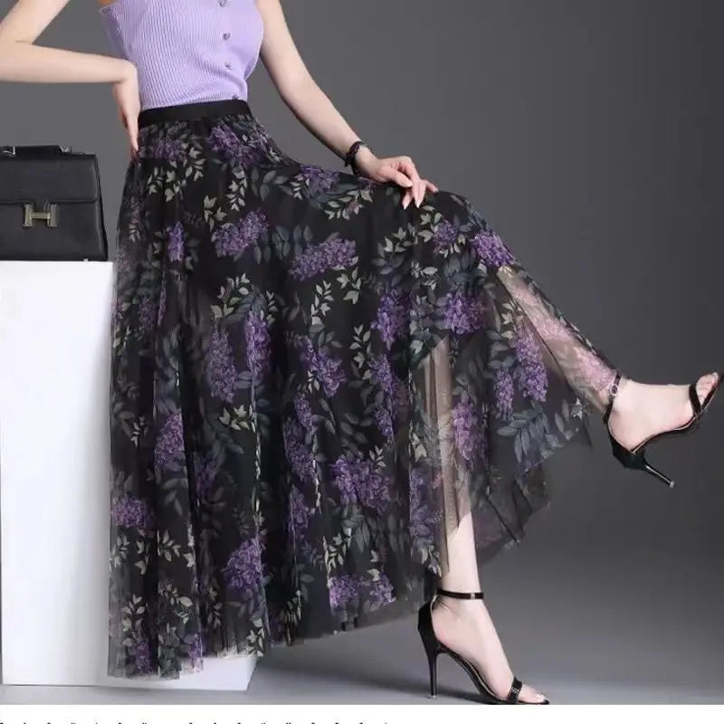 2025 High-waisted Slim Printed A-line Large Hem Skirt with Long Skirt Temperament, Fashionable and High-end