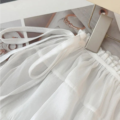 Plus size Spring All-Match French Lace Strap Design Fashion Pleated Skirt Fart Curtain Skirt Ruffle Trim Belted A- Line Skirt