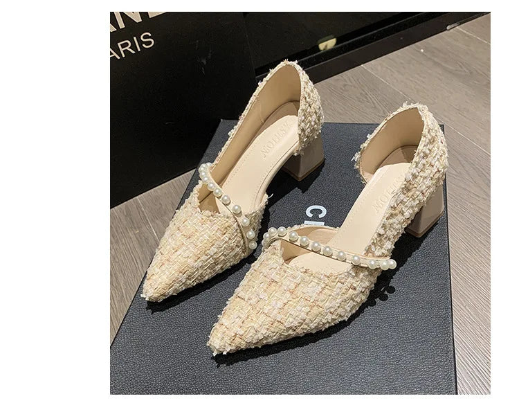 Woman Sexy High Heels New Elegant Wedding Dress Shoes Ladies Shallow Office Party Shoes Tweed Style Side Hollow Single Shoes