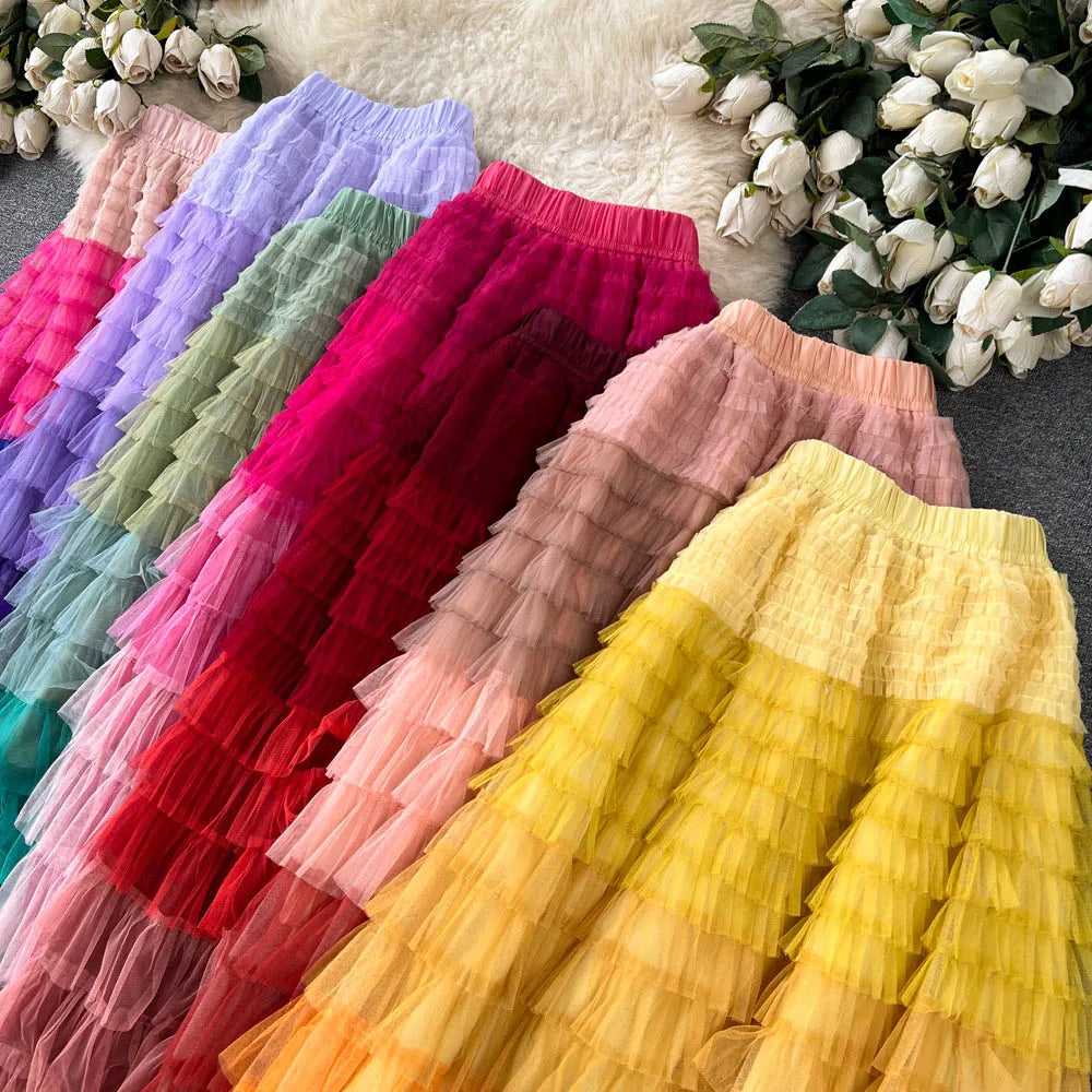 Voille Skirts Women Gradient Y2k High Waist Elastic Jupe Ladies Tulle Mujer Faldas Ruffles Long Female Mesh Skirt Dropshipping