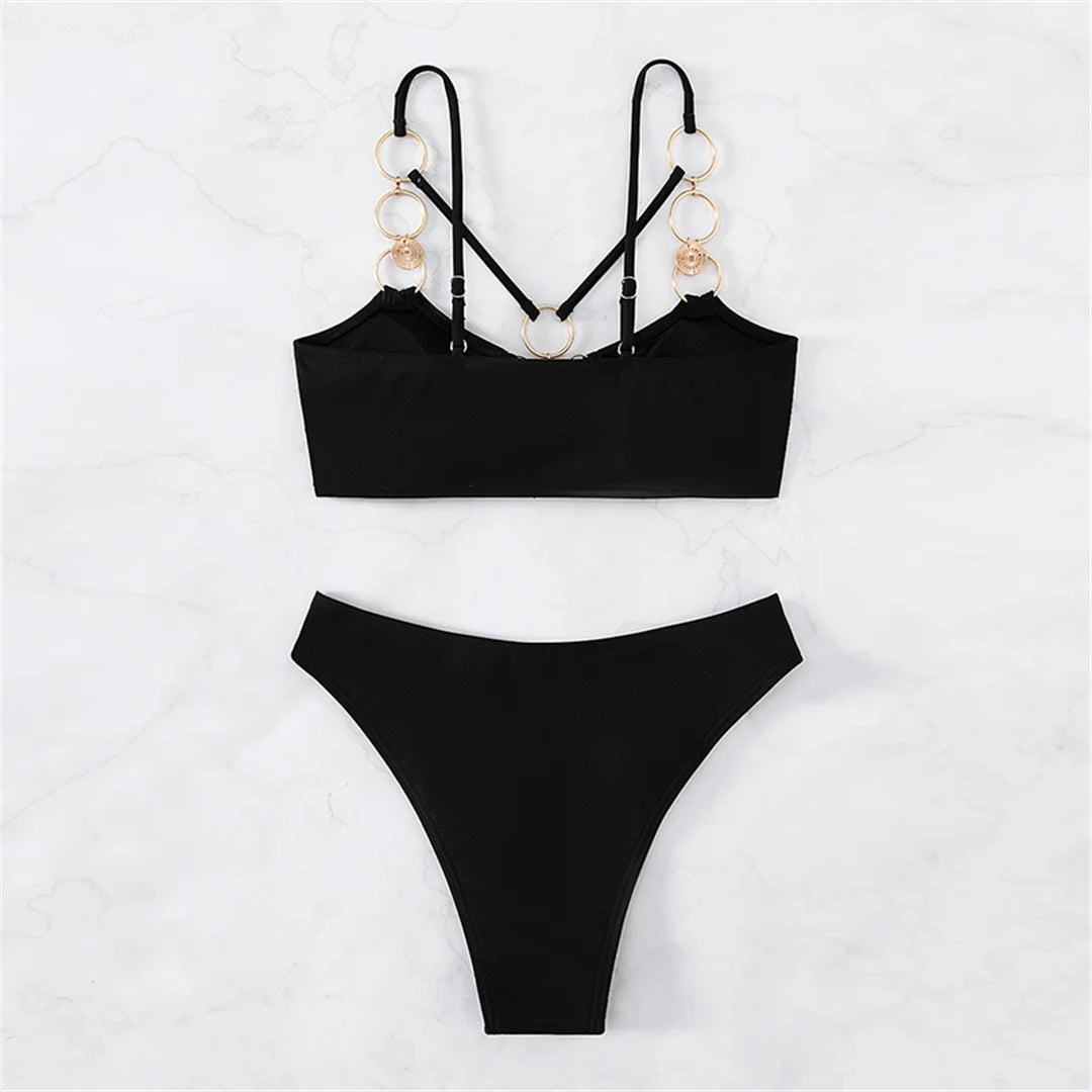 New Sexy Metal Rings Mid Waist Bikini Female Swimsuit Women Swimwear Two-pieces Bikini set Padded Bather Bathing Suit Swim V4474