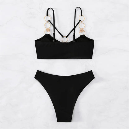 New Sexy Metal Rings Mid Waist Bikini Female Swimsuit Women Swimwear Two-pieces Bikini set Padded Bather Bathing Suit Swim V4474