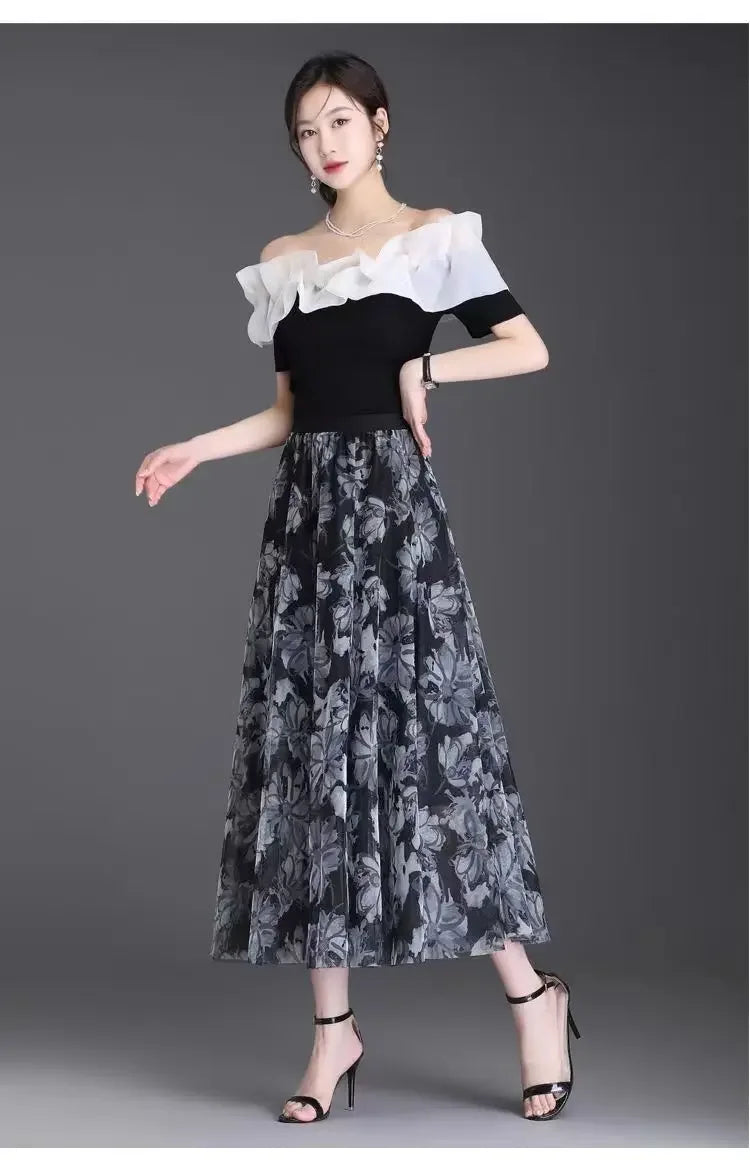 2025 High-waisted Slim Printed A-line Large Hem Skirt with Long Skirt Temperament, Fashionable and High-end